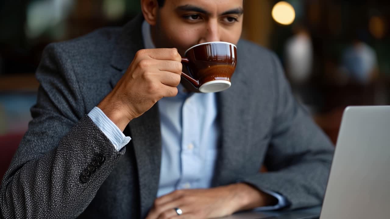 Uomo sorride, stringendo il pugno per la gioia. Sorseggia caffè mentre lavora al portatile. L'illuminazione calda evidenzia la sua espressione soddisfatta. Perfetto per scene di successo aziendale o di raggiungimento di obiettivi.