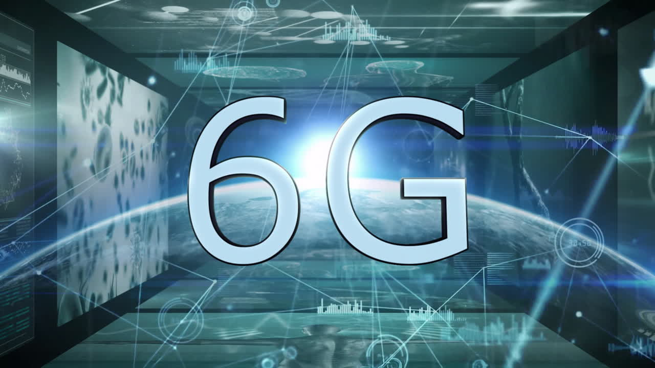 Digital network and technology graphics showcasing 6G text in animation style