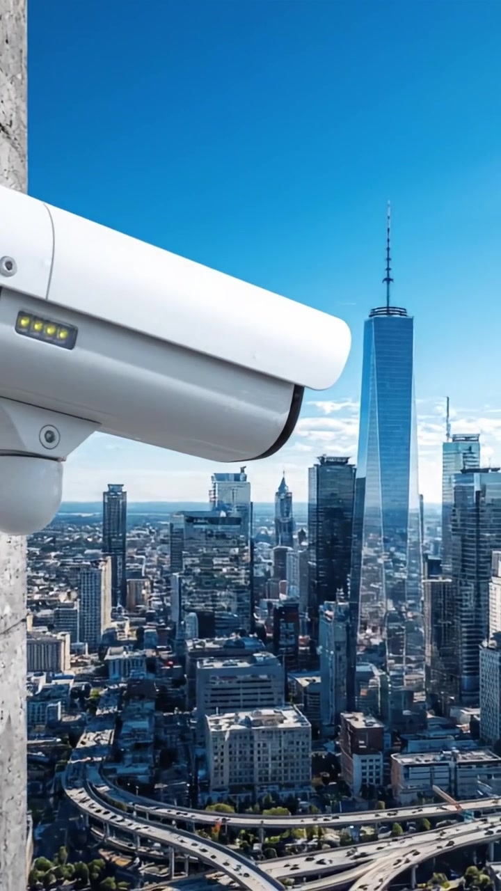 Cámara de vigilancia con vistas a un paisaje urbano: Una mirada a la tecnología de seguridad moderna con un telón de fondo de rascacielos y cielos azules claros.