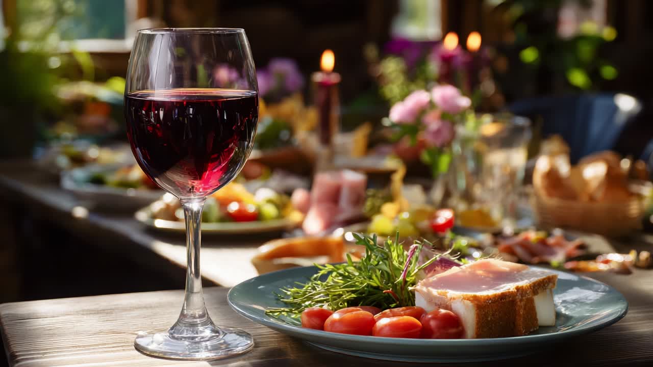 Elegant Dinner Table Setting with Wine and Food