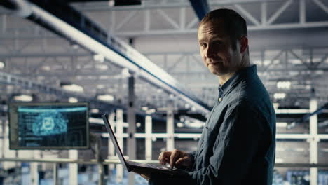 data center engineer monitors machine learning process with laptop