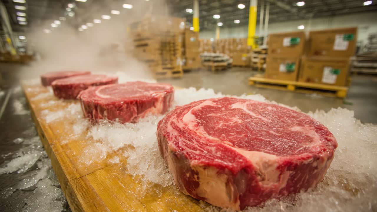 Freshly Cut, Frozen Prime Ribeye Steaks Resting on Ice with a Professional Handling Environment in the Background