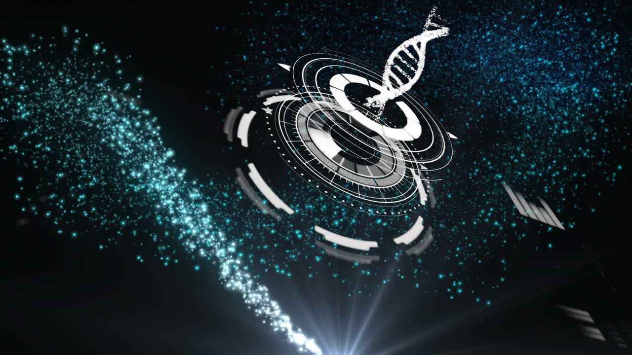 digital circle emerging rotating UI rings particles streaming forming DNA helix visualizing data