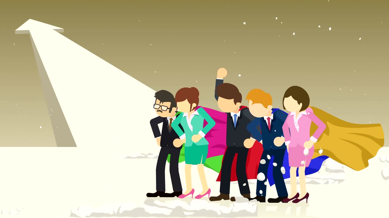 화살표 그래프: 먼지 구름 근처에 서있는 슈퍼 히어로, 비즈니스 팀 상징, 팀워크 및 도전 개념, 만화 루프 애니메이션.