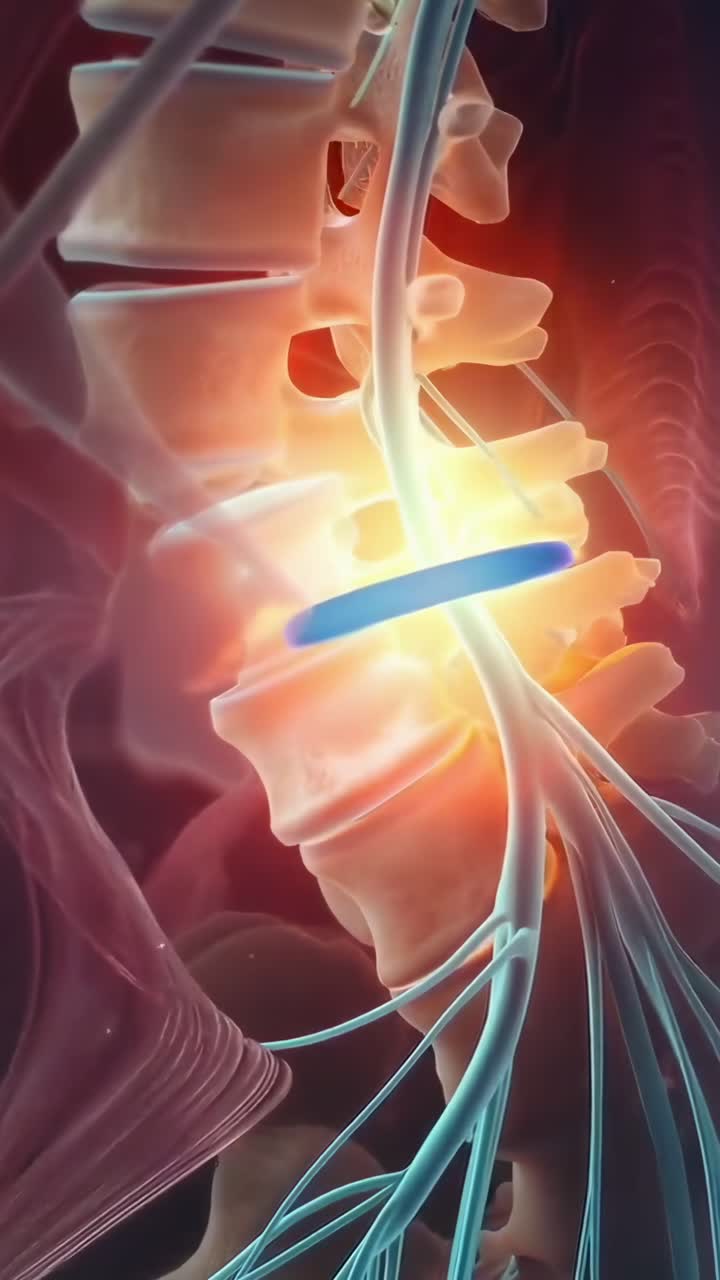 Side view of a human body with glowing spine, in a medical video style, angled slightly upward