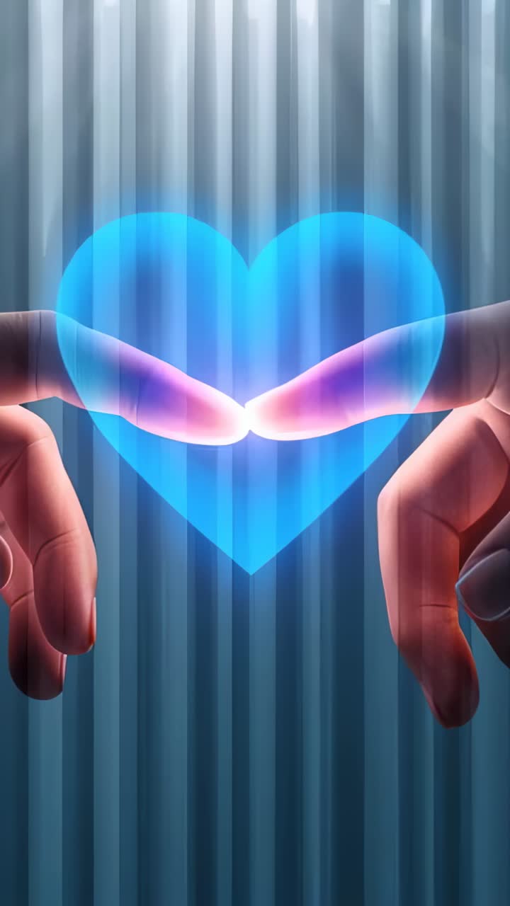 Vídeo vertical: dos dedos índices se juntan para formar un corazón azul brillante delante de unas persianas, lo que simboliza la unidad