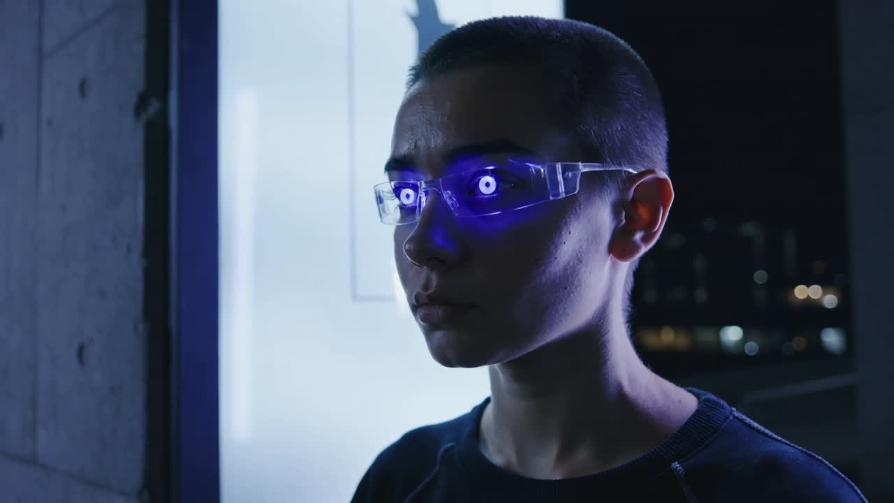 Adolescente in piedi con un maglione scuro che scruta le luci della città sul tetto, pannello che illumina il viso, occhiali LED che brillano.