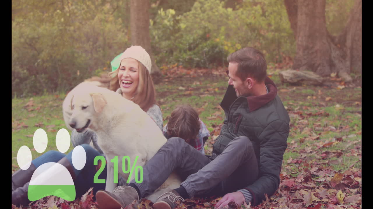 숲 속 의 행복 한 백인 가족 위 에 있는 발 아이콘 의 애니메이션