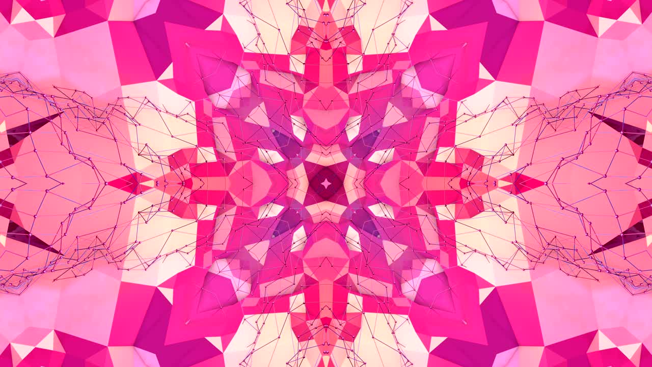 fondo abstracto geométrico rojo bajo como un efecto de vidriera o caleidoscopio en movimiento en 4k. animación 3d de bucle, imágenes sin costuras en el popular estilo bajo de poli. v19