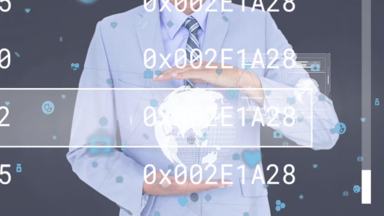 지구를 가진 코카시안 사업가 여성에 대한 데이터 처리 애니메이션