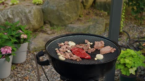 a woman seasons a variety of meats, including a fresh beef steak and pork, with a salt grinder while cooking on a charcoal barbecue during an outdoor garden party