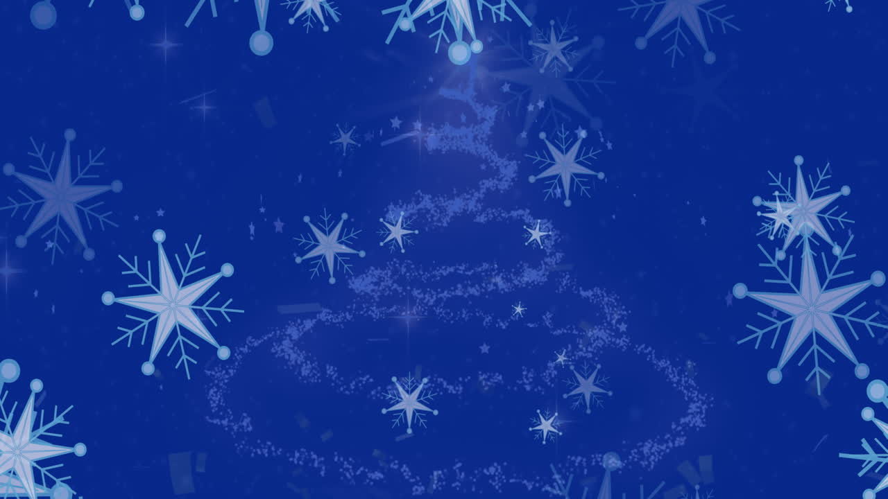 크리스마스 트리를 형성하는 성 위에 떨어지는 눈송이와 콘페티의 애니메이션