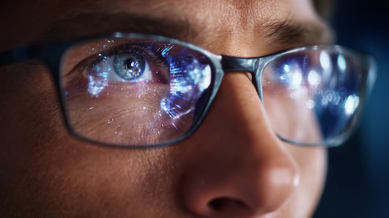 Captivating Close-Up of a Person's Eyes Behind Glasses, Illuminated by a Glowing Digital Display, Reflecting Cutting-Edge Technology and Virtual Reality Elements, Blending Human Perception with Innovation