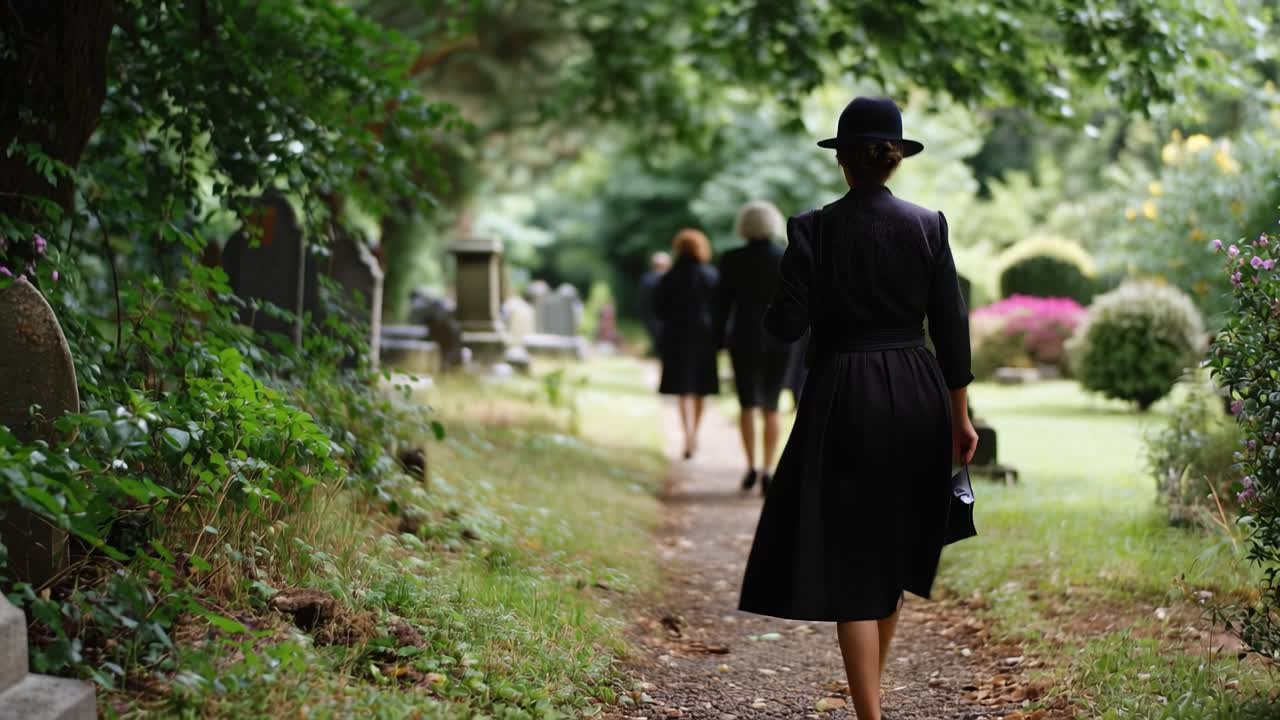 Une femme vêtue de noir marche solennellement sur un sentier de cimetière. D'autres suivent dans un deuil silencieux. La tristesse plane sur les environs verdoyants et feuillus. Des pierres tombales bordent le chemin sous une lumière tamisée.