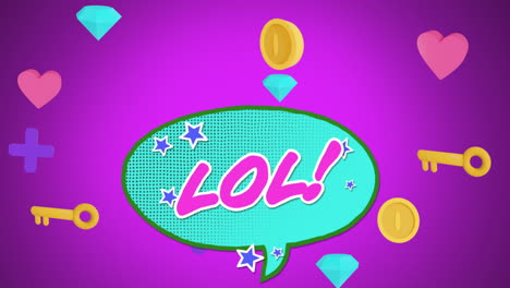 animación digital de lol texto en la burbuja de habla contra varios diamantes
