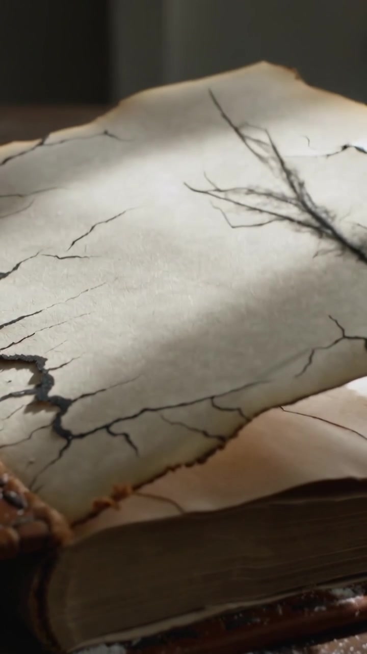 Vertical video: Draft lifting cracked sheet off leather book on table, exposing dark fissures