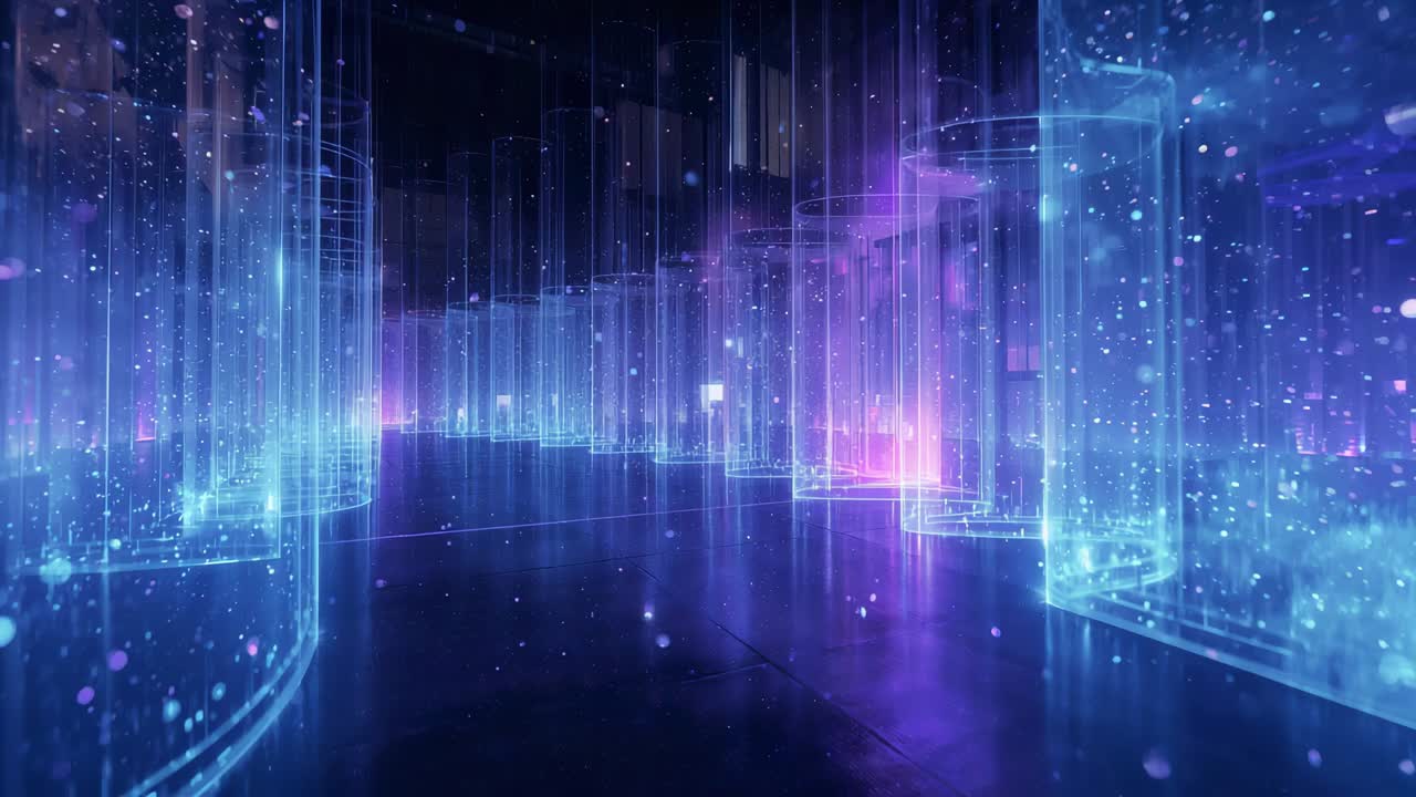 Gliding camera starting forward glide through holographic chamber, revealing translucent columns