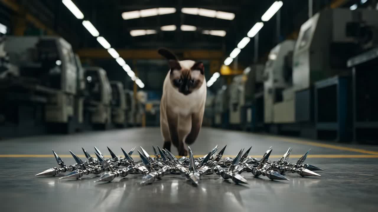 Gato siamés caminando sobre pinchos en una fábrica