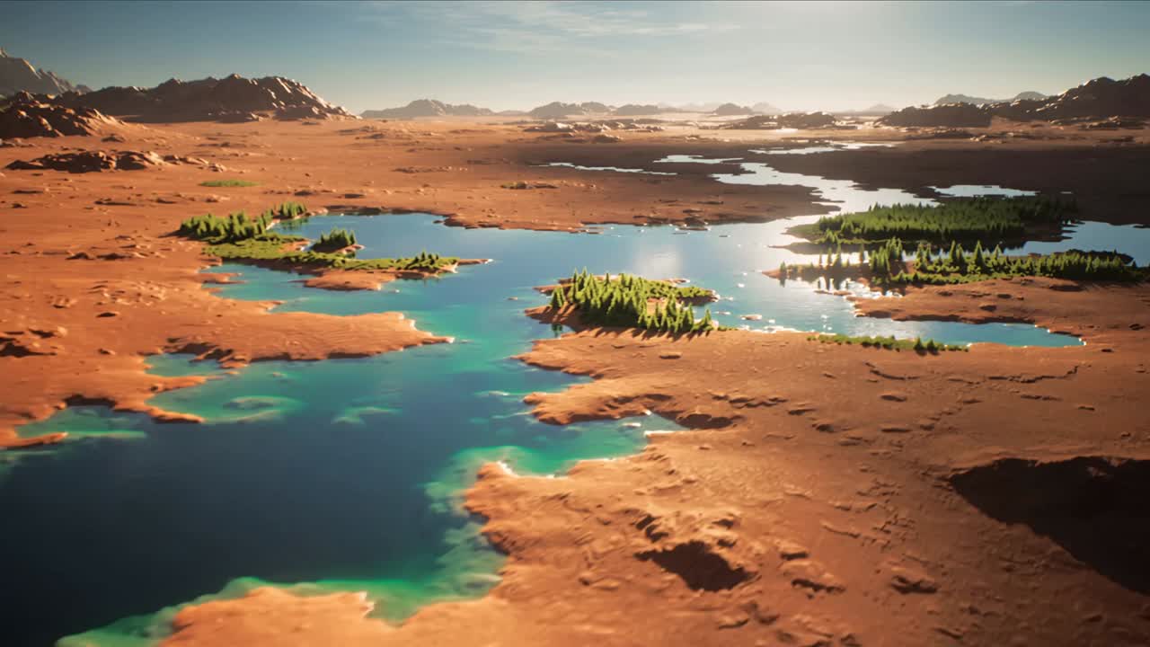 Starting camera moving right and down over plateau, showing wooded islands and turquoise lake gleam