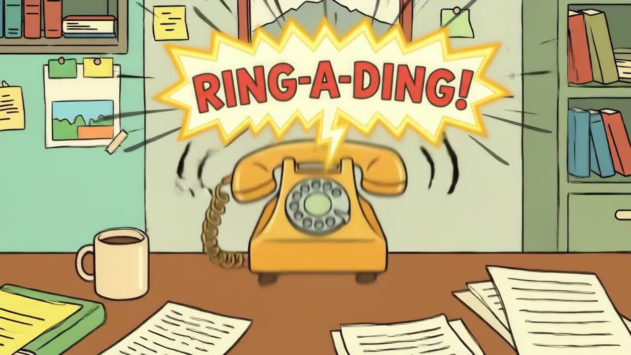 Telepon Putar Kartun Berdering di Meja Kantor