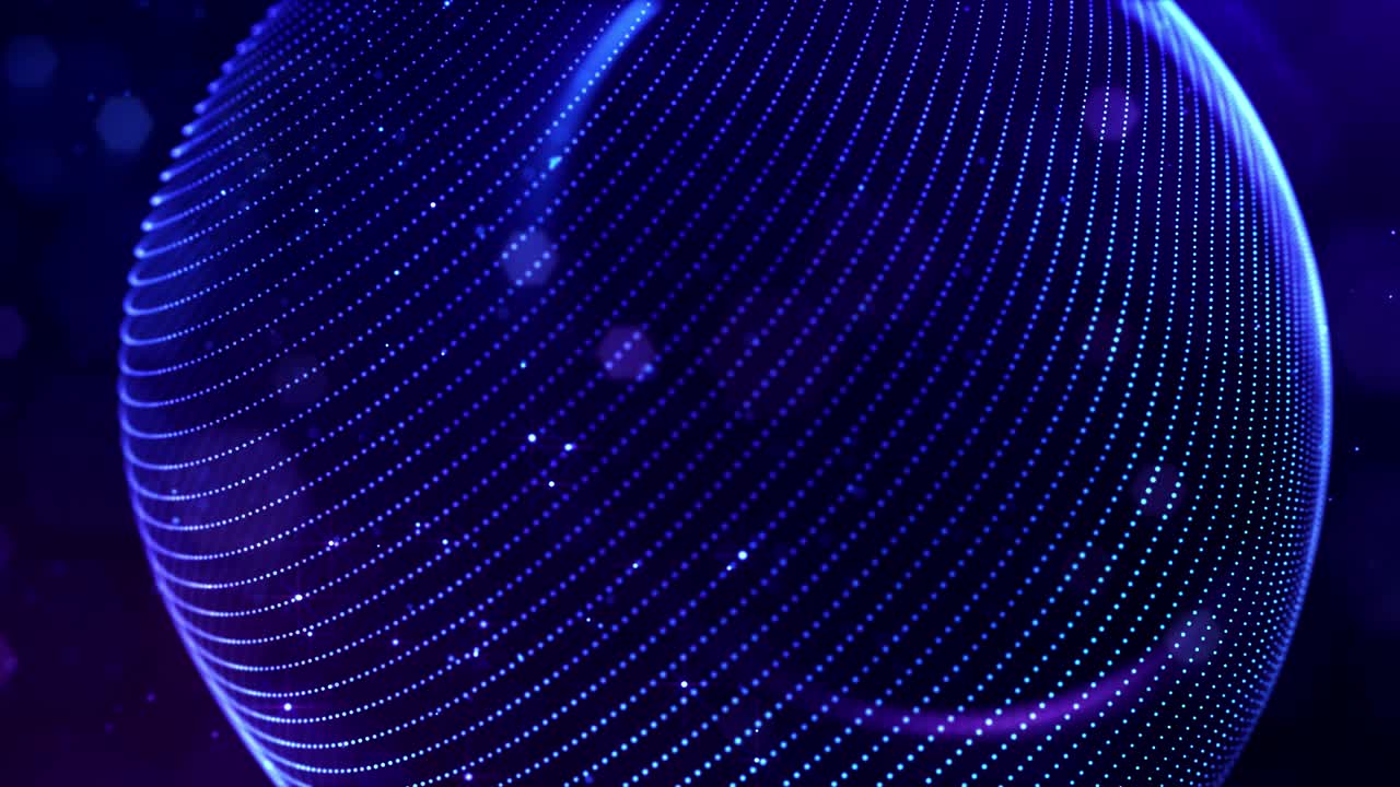 Glow blue particles form lines, surfaces, complex round structures in smooth motion like in microworld or space. 4k looped sci-fi particle background with bokeh and light effects.