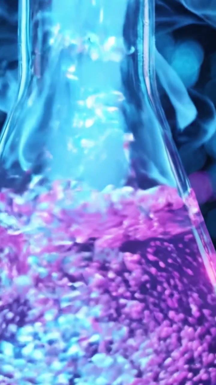 Close-up Cativante de um Frasco com Líquido Vibrante Sob Iluminação Profissional, Destacando a Ciência por Trás dos Experimentos de Química e a Beleza da Ciência