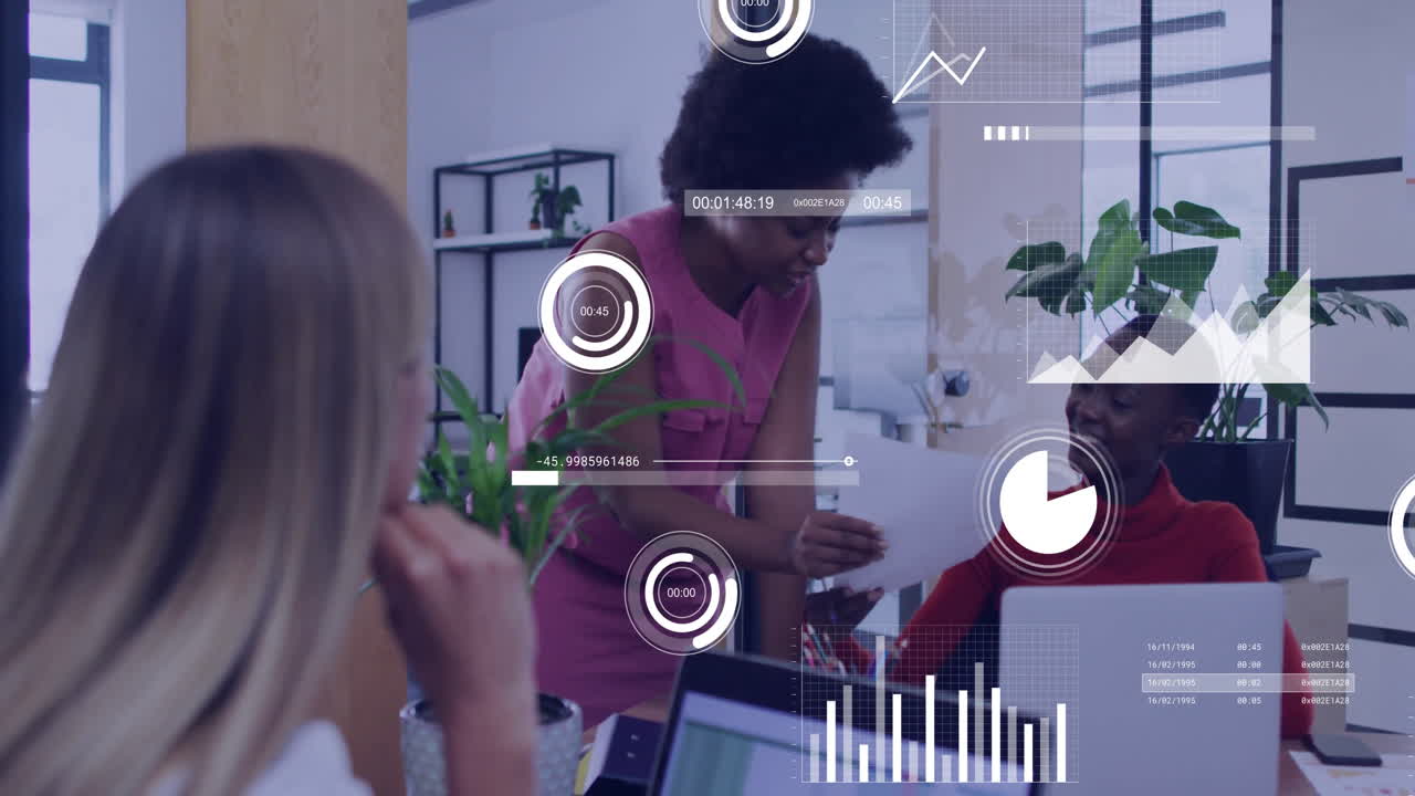 Animation of financial data processing over diverse business people in office