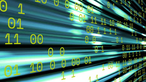 animation of binary coding and data processing over blue light trails