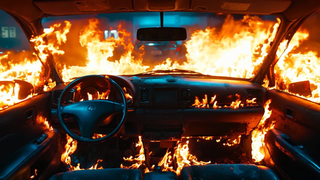 un coche está envuelto en llamas en medio de la noche
