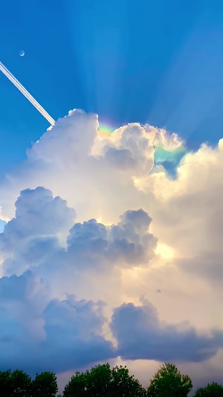 Luce solare che filtra tra le nuvole con scia di aereo e luna
