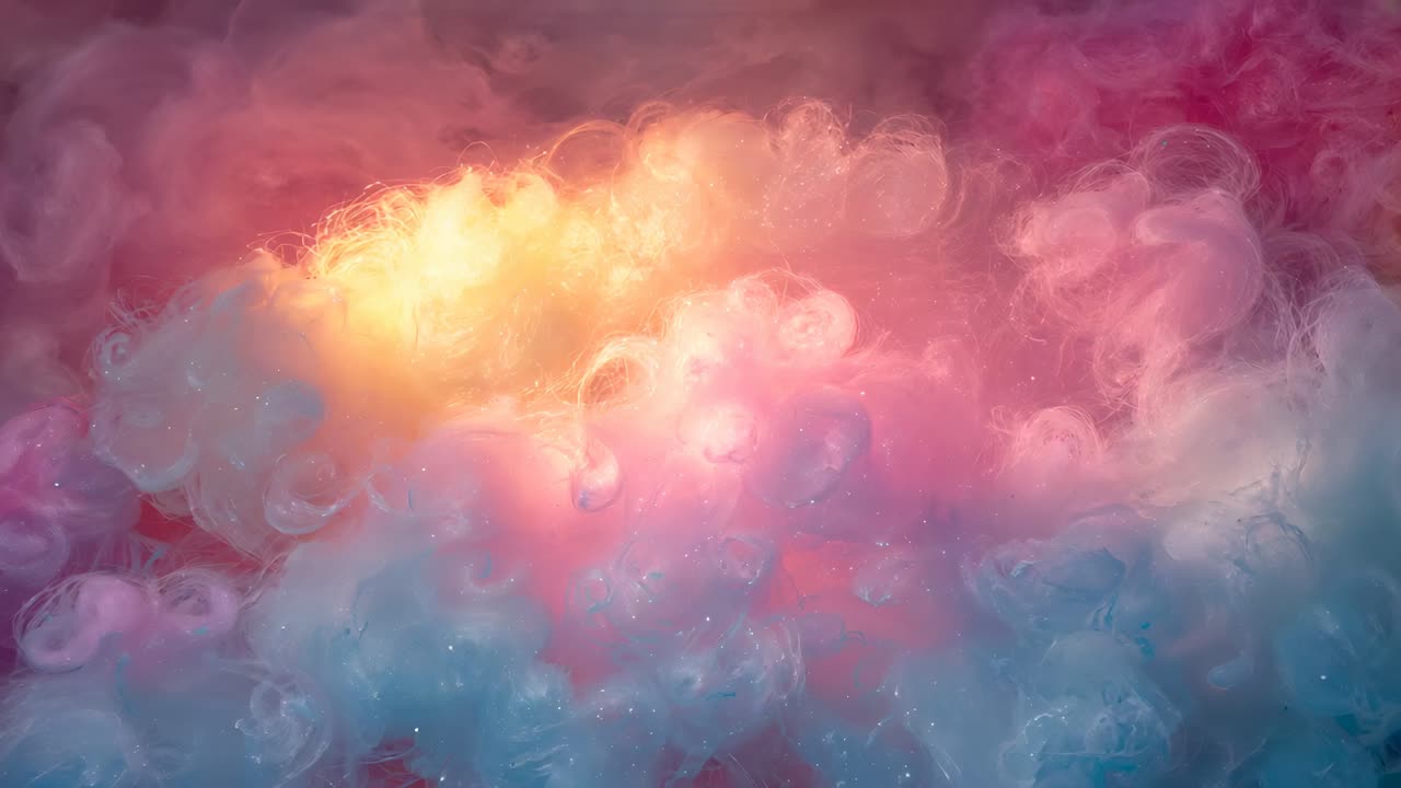 Diffusing pigment plumes forming golden core lit by warm glow, swirling pink-cyan clouds in tank