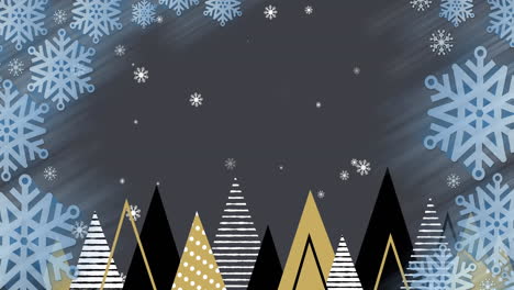 Animation-of-snowflakes-falling-over-christmas-trees