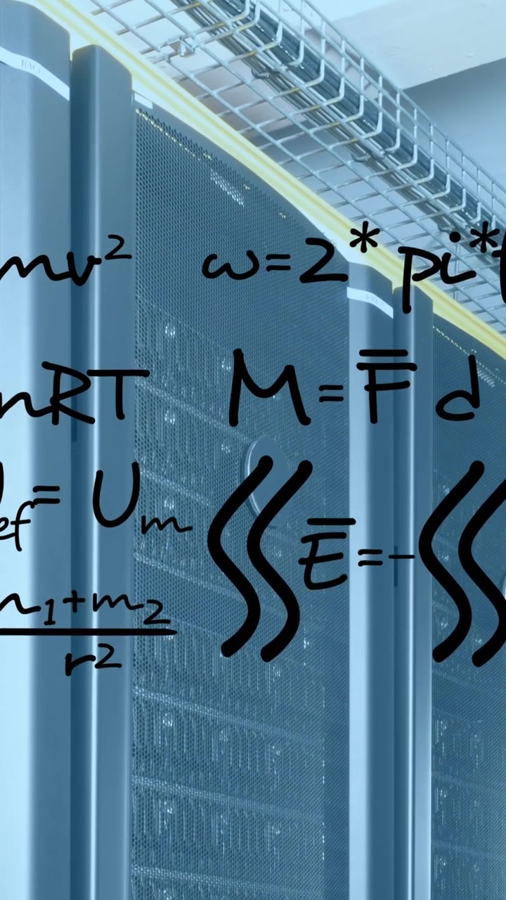 Animation of mathematical equations floating against empty computer server room