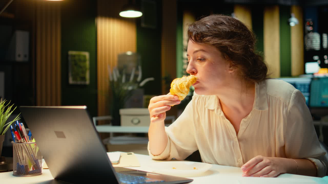 Vertical Video Corporate analyst spends night time always eating unhealthy food