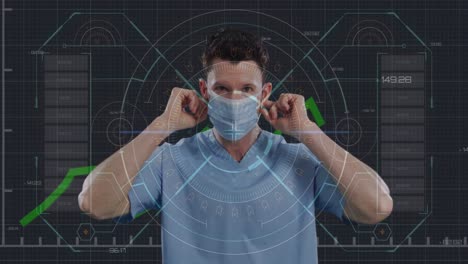 animación de escaneo de alcance y procesamiento de línea verde sobre un médico que lleva una máscara facial