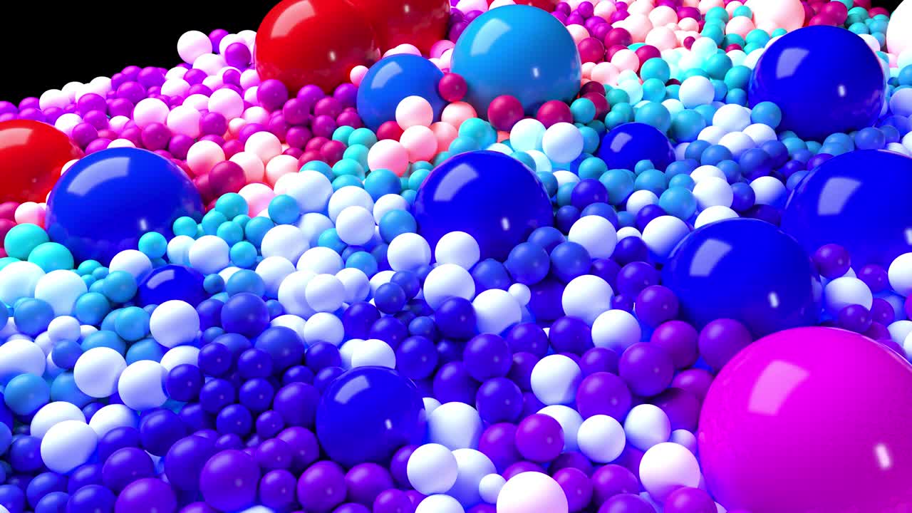 animación en bucle 3d con brillantes y hermosas esferas o bolas pequeñas y grandes como fondo de vacaciones abstractas. composición colorida de esferas coloridas