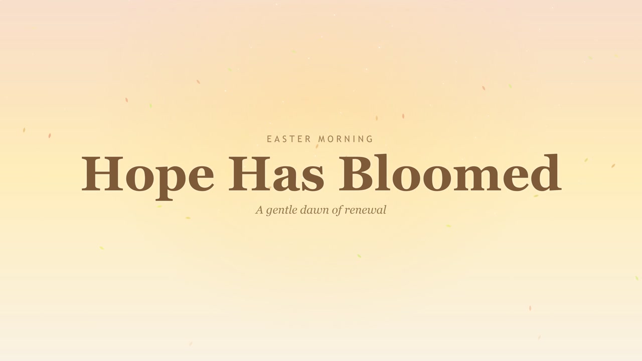 Una elegante grafica in movimento per la mattina di Pasqua con il testo La Speranza è Fiorita e sottili particelle fluttuanti su uno sfondo sfumato giallo tenue dell'alba.