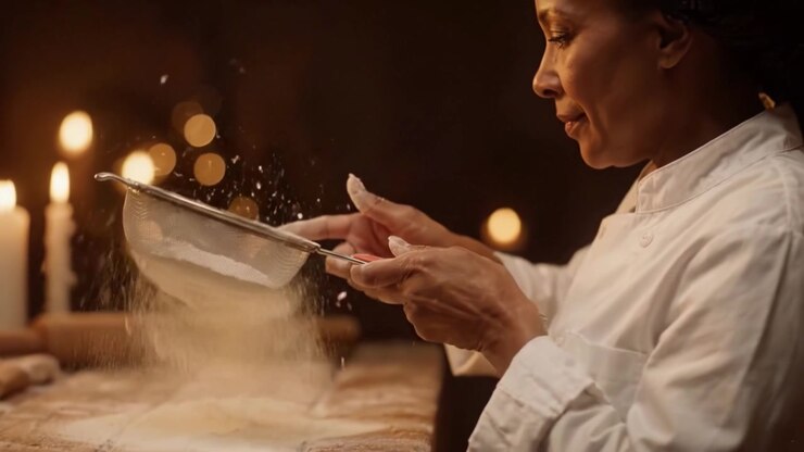 Ein erfahrener Bäcker siebt sorgfältig Mehl in einem warmen, einladenden Küchenambiente, beleuchtet von flackerndem Kerzenlicht, und zeigt die Kunst des traditionellen Backens