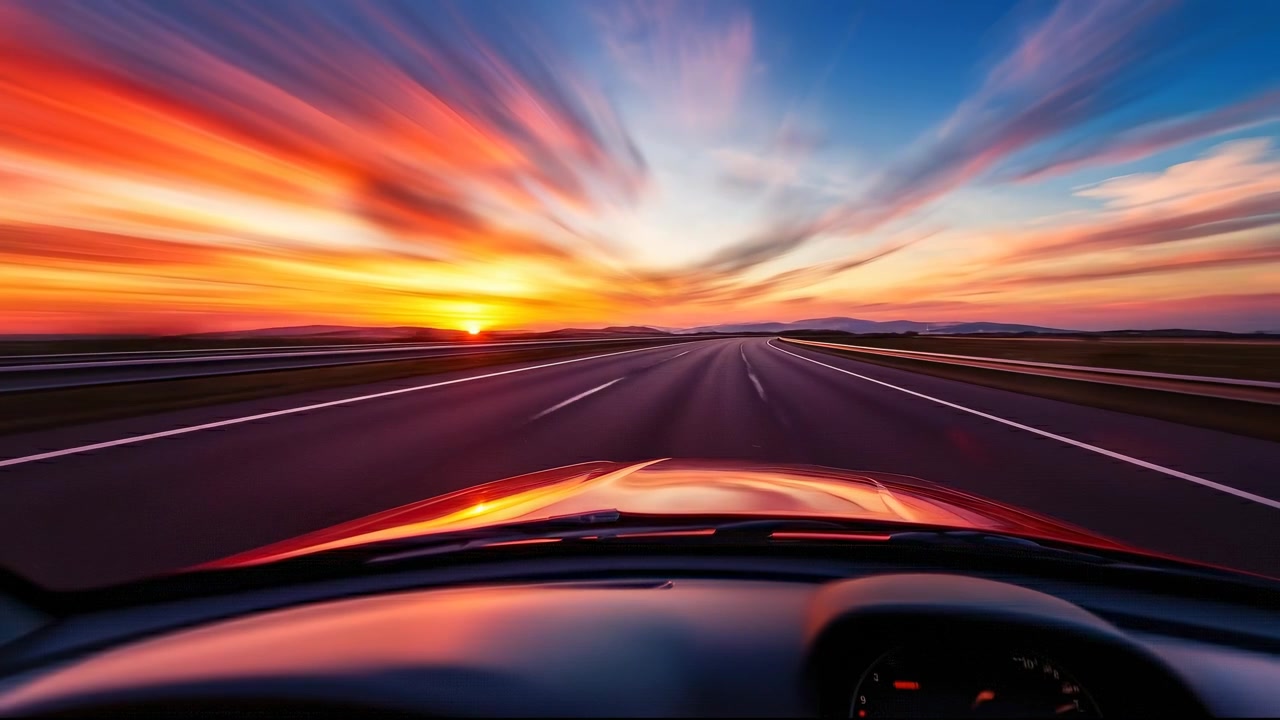 Bil der kører på motorvej ved solnedgang med bevægelsessløring