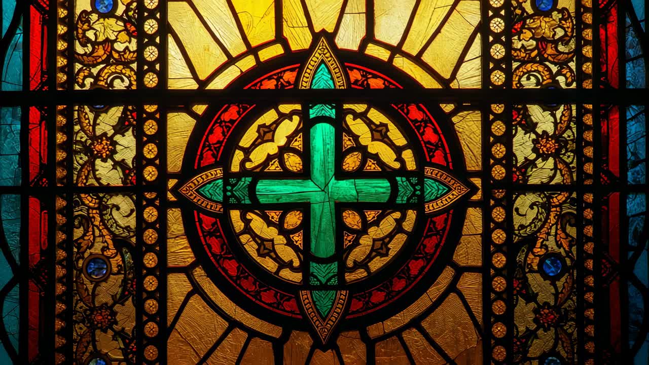At sunrise streaming light through chapel stained glass window, illuminating green cross motif