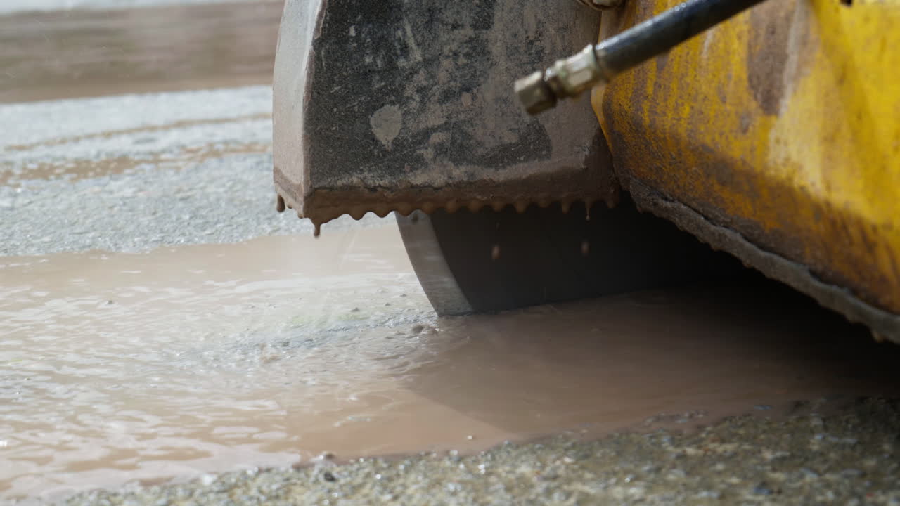 Close Up of Walk Behind Circular Saw Wet Cutting Asphalt for Road Maintenance