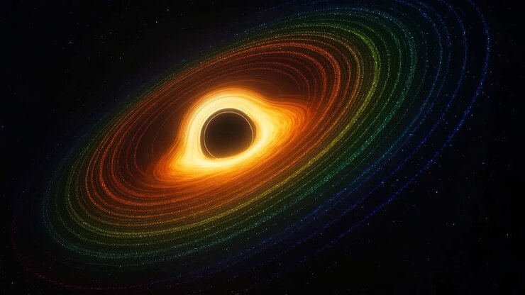 A mesmerizing video still of a colorful black hole, captured from a top-down angle