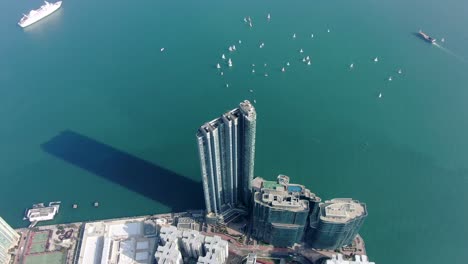 mega residential waterfront building complex in hong kong bay, aerial view