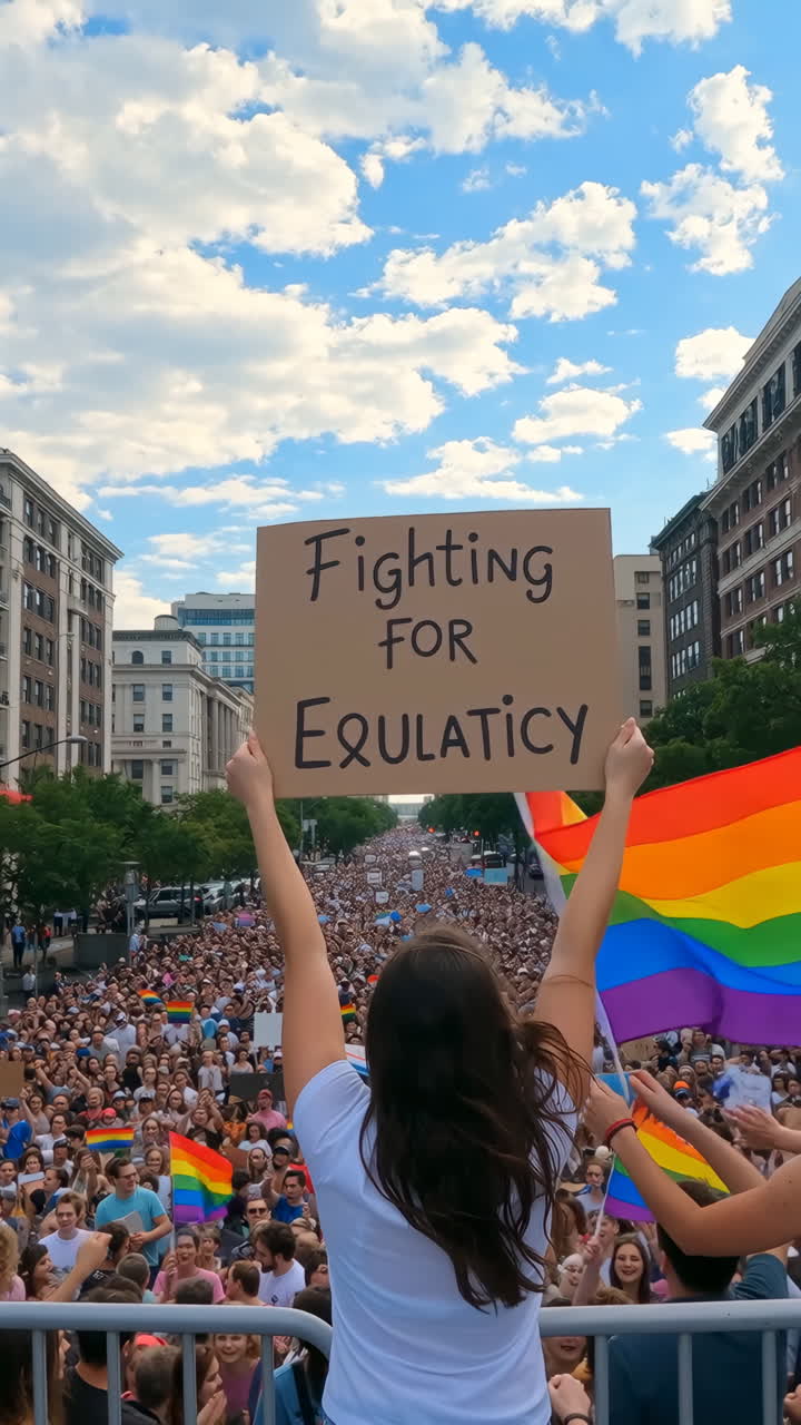 People gather at a pride parade with a person holding a 'Fighting for Equality' sign