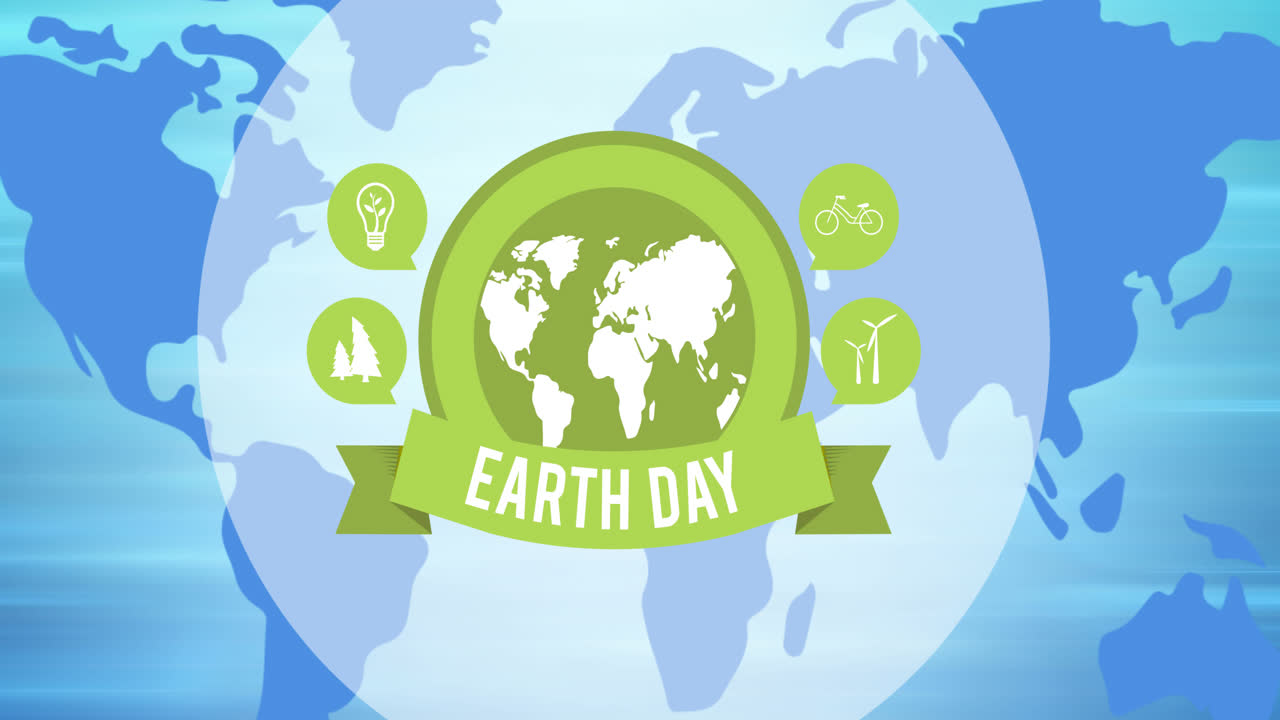 지구의 날 텍스트와 푸른 세계 지도 위의 녹색 지구 로고의 애니메이션