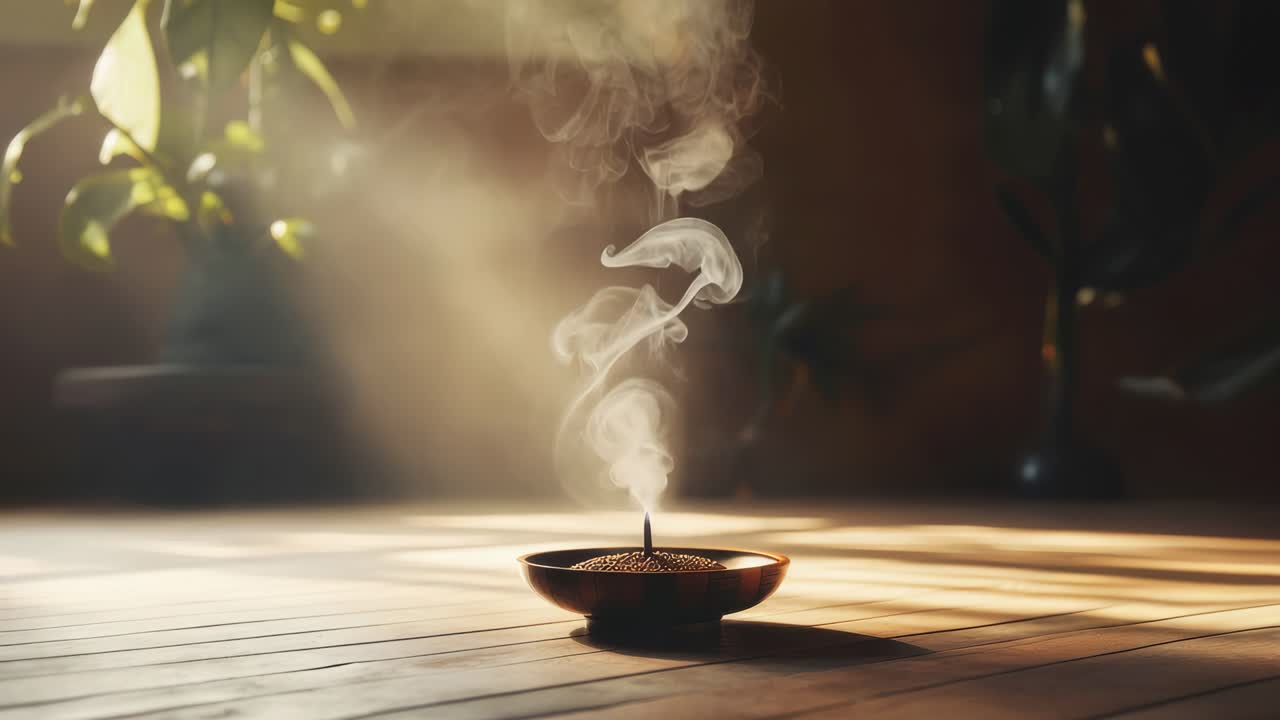 A serene video still of incense smoke rising from a bowl on a sunlit wooden floor