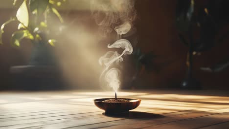a serene video still of incense smoke rising from a bowl on a sunlit wooden floor