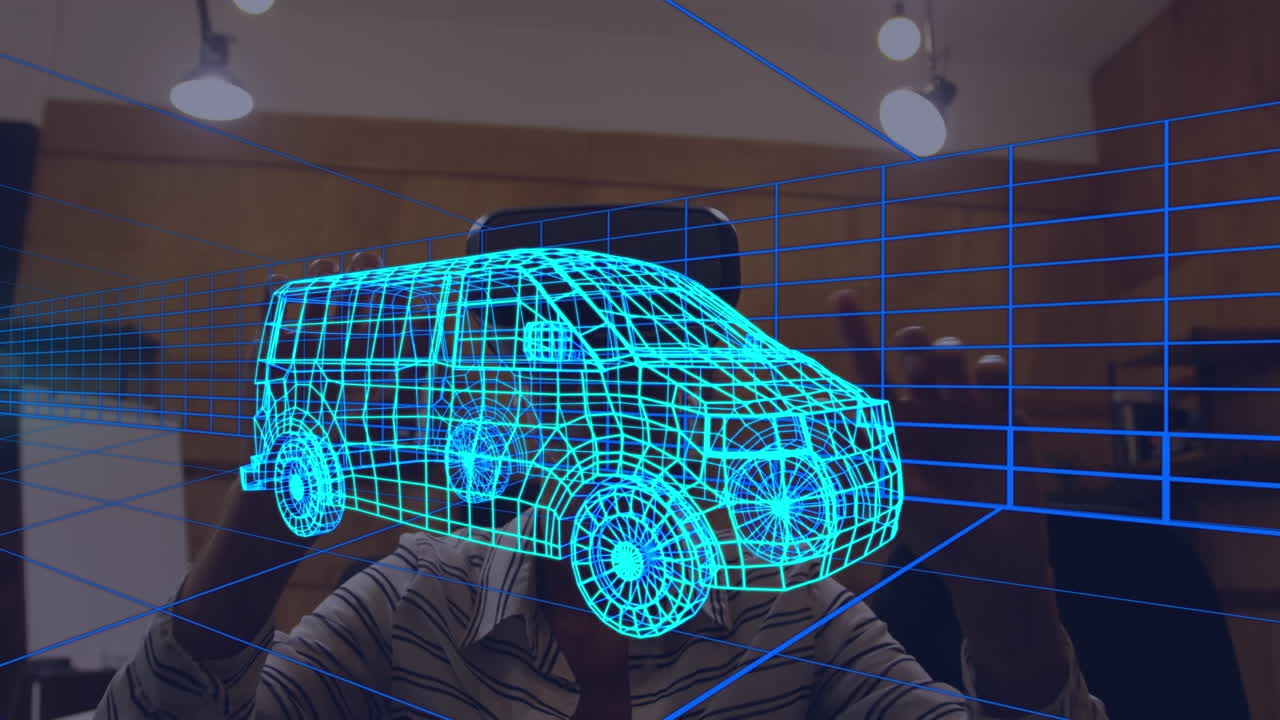 animación de dibujo 3d digital de un coche sobre una mujer usando auriculares vr