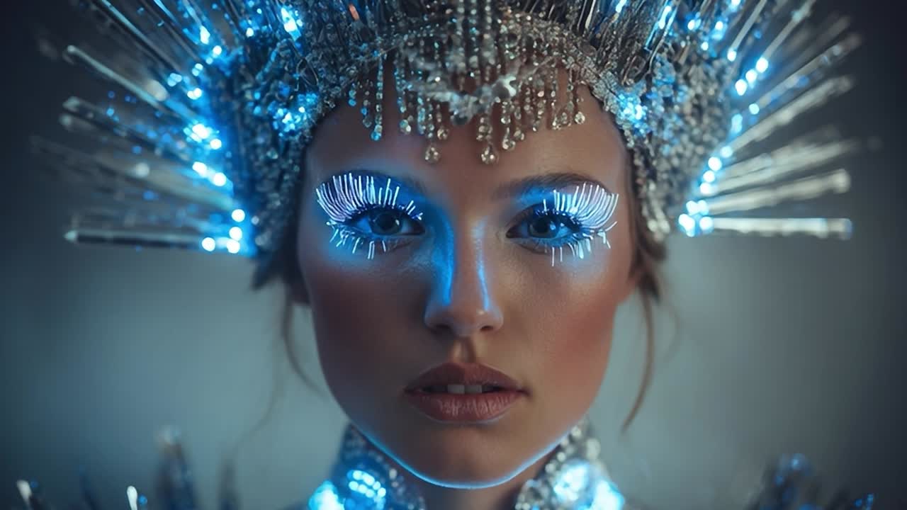 Creative model showcasing futuristic makeup and lighting effects