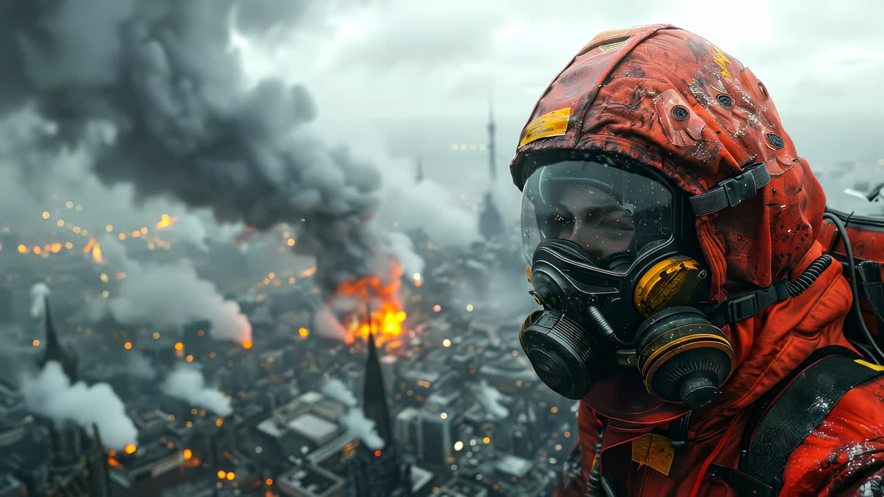 Firefighter surveys city amidst disaster. A firefighter stands on a rooftop looking over a burning city filled with smoke and chaos during the emergency